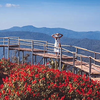 女士在蒙占山顶散步的照片，描绘了平静祥和的氛围，展示了沙孟景观的美景