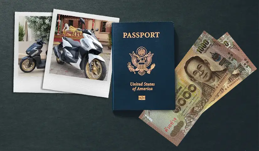 a passport, 2000 baht cash and 2 polaroid photos of scooters