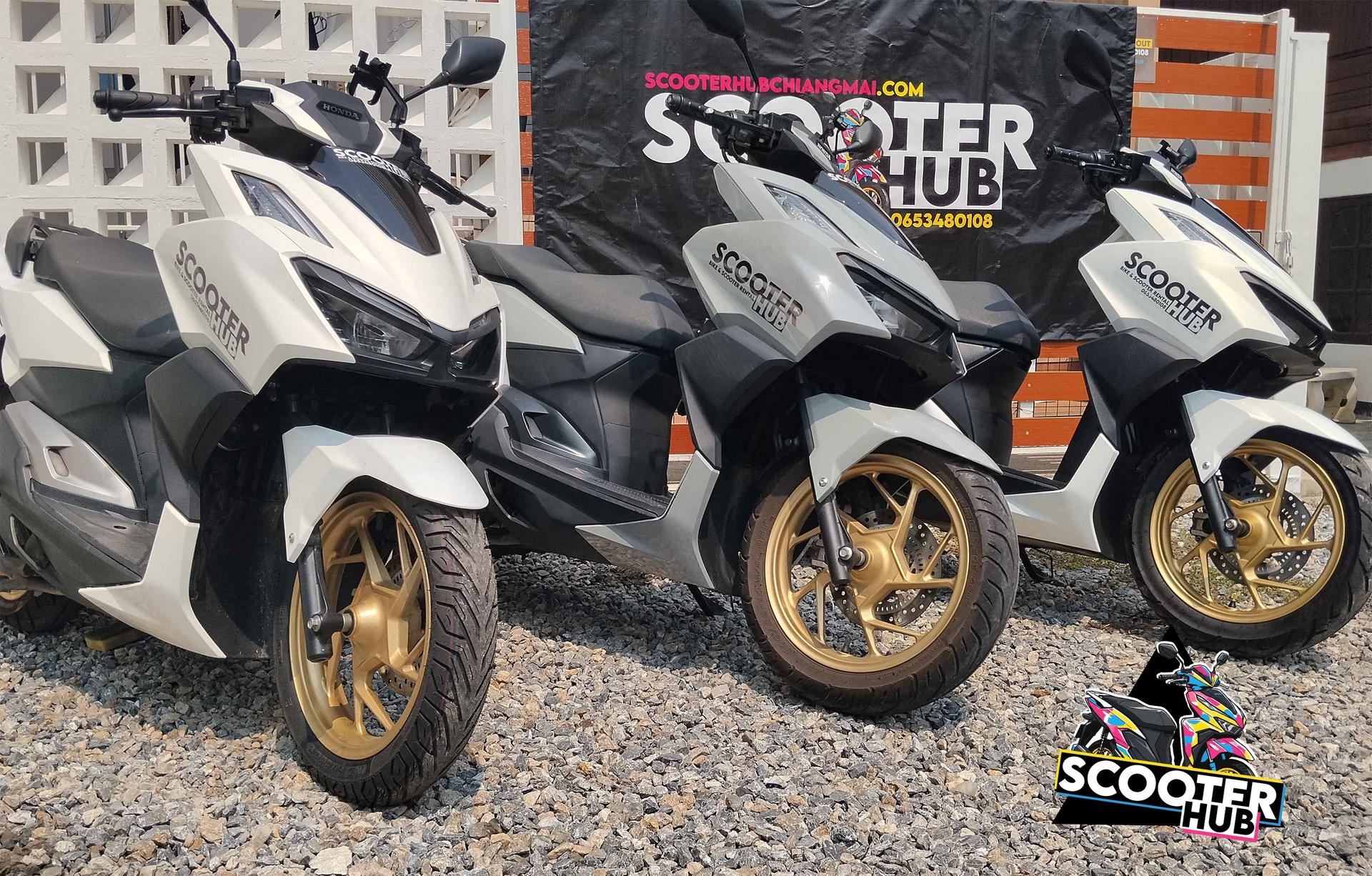 three scooter hub honda click 160 bikes parked together to show these are the only bikes we offer as we think they are the best